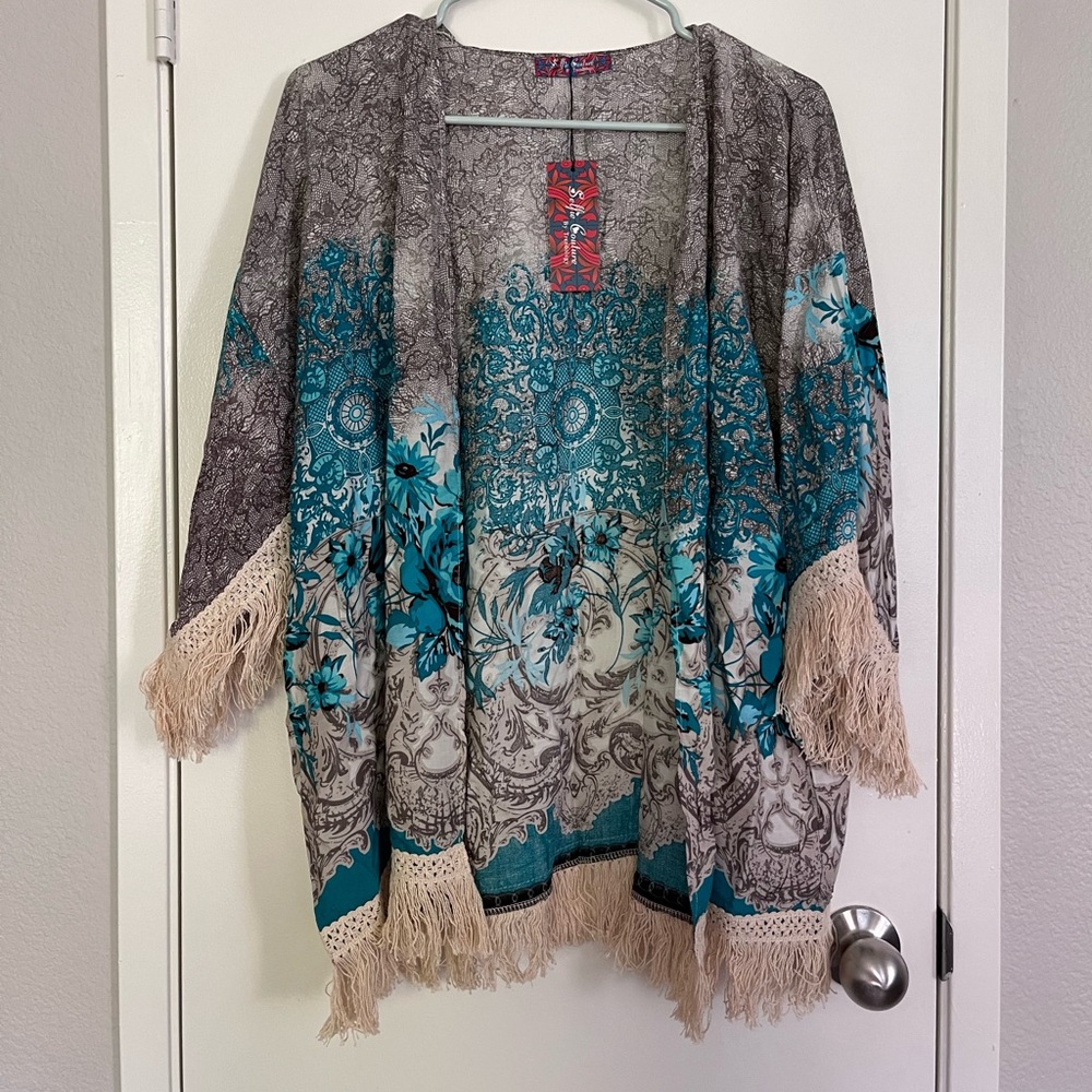 Blue and Cream Fringed Kimono Shrug